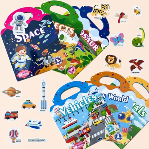 300+ Wiederverwendbare Sticker Buch für Kinder 2-6 Jahre – 6 Themen Szenen (Weltraum/Dino/Insekten/Verkehr/Meer/Tiere) – Wasserdichte 3D-Puffy Aufkleber mit Griffdesign von Heromor