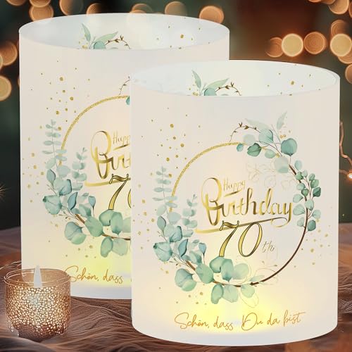 Heromor 12 Stück Windlicht Tischdeko 70. Geburtstag Eukalyptus Grün Deko, Lichthülle Festliche Tischdekoration Taufe Kommunion, Schön DASS du da bist Design von Heromor