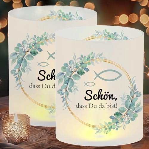 Heromor Wohnaccessoires Kerzen & 12 Stück Windlicht Tischdeko Kommunion Eukalyptus Grün Deko, Lichthülle Taufe Konfirmation Junge Mädchen, Schön DASS du da bist Design von Heromor