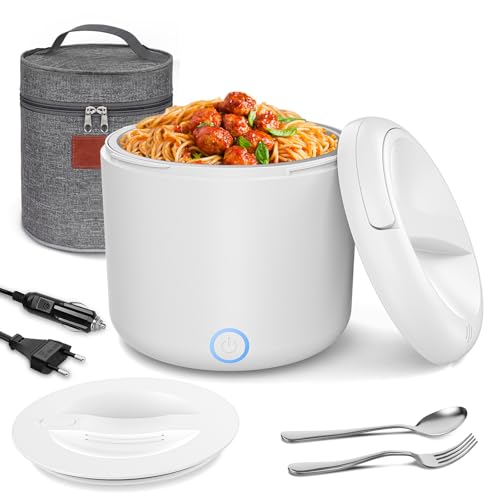 Herrfilk 100W Elektrische Lunchbox Erwachsene, 1.2 L Thermo Lunch box mit Besteck und Isolierter Lunchbeutel, 3-in-1 12/24/230V, Auslaufsicherer, 304 Edelstahl, Beheizte Brotdose für Auto, LKW, Büro von Herrfilk