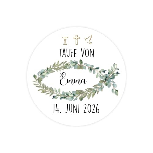 Herz & Heim® 24er Set personalisierbare Aufkleber zu kirchlichen Festen – 40 mm Sticker rund mit Name & Wunschtext – Eukalyptus-Motiv für Taufe, Kommunion oder Konfirmation von Herz & Heim