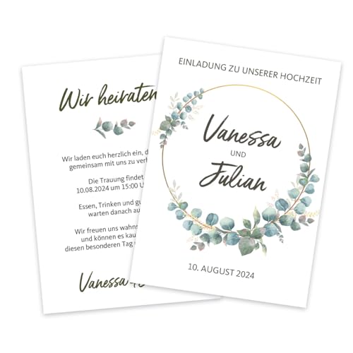 Herz & Heim® Einladungskarte zur Hochzeit, Motivauswahl, personalisiert mit Namen, Datum und Wunschtext, 20 Stück (Eukalyptusring) von Herz & Heim