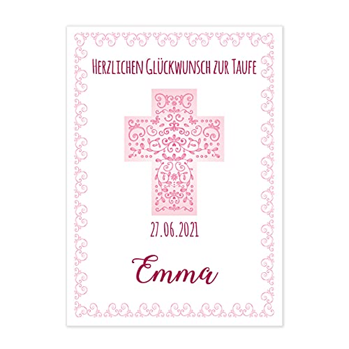 Herz & Heim® Klappkarte zur Taufe, Kommunion oder Konfirmation mit Kreuzmotiv in 3 Farben Rosa von Herz & Heim