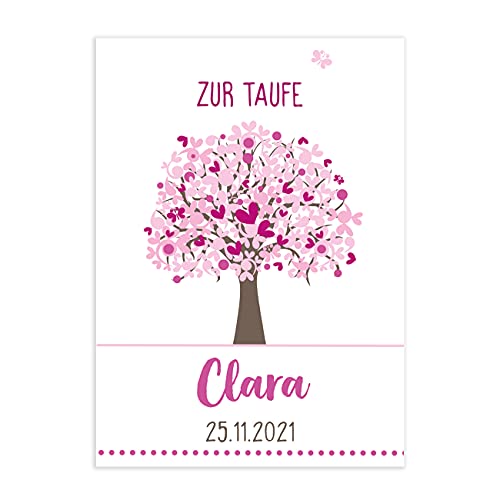 Herz & Heim® Klappkarte zur Taufe mit Lebensbaum in 3 verschiedenen Farben Rosa von Herz & Heim