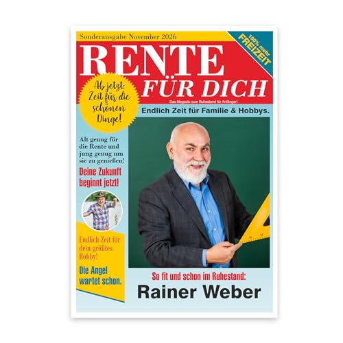 Herz & Heim® Personalisierte Klappkarte A4 für den Ruhestand & Rente – Lustige Abschiedskarte im Magazin-Look mit eigenem Text & Foto – Renteneintritt Geschenk individuell gestalten von Herz & Heim
