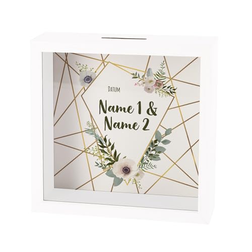 Herz & Heim® Personalisierter Bilderrahmen als Spardose mit Namen & Datum – Geschenk zur Hochzeit, Verlobung oder zum Valentinstag – Bilderrahmenspardose aus Holz & Glas (Hochzeit) von Herz & Heim