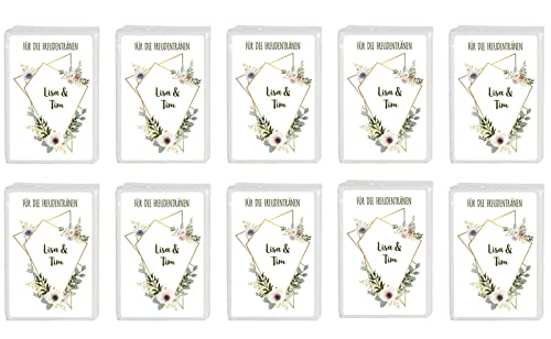 Herz & Heim® Taschentücher 10 x 10 in personalisierter Packung zur Hochzeit, verschiedene Motive Blütenornamente auf geometrischen Formen von Herz & Heim