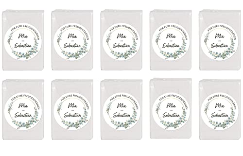 Herz & Heim® Taschentücher 10 x 10 in personalisierter Packung zur Hochzeit, verschiedene Motive Eukalyptuskranz von Herz & Heim
