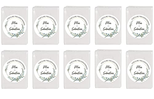 Herz & Heim® Taschentücher 10 x 10 in personalisierter Packung zur Hochzeit, verschiedene Motive Eukalyptuskranz von Herz & Heim
