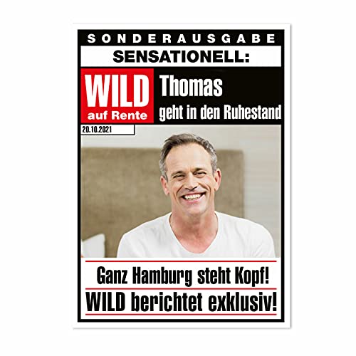 Herz & Heim® XXL Klappkarte -Zeitung zur Rente- mit Foto und Name (Wild auf Rente) von Herz & Heim