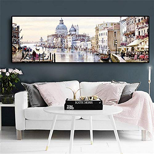 Hescn Diamond Painting Künstlerisches Handwerk Großflächige Bild Kit Mosaik Vollbohrer 5D Diy Stickerei Kreuzstich Wanddekoration Venedig Architektur,90X30Cm,Runder Diamant von Hescn