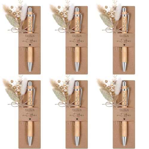 Hestya 6 Sets Kollegin mit Herz Geschenke Enthalten 6 Holz Kugelschreiber mit Gravur 6 Echtem Trockenblumenstrau 6 Stifthalter aus Papier für Abschiedsgeschenk Lehrerin Kollegen Freund von Hestya