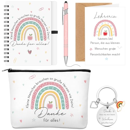 Hestya 6 Stück Dankeschön Geschenke für Lehrer 1 Regenbogen Notizbuch 1 Canvas Kosmetiktasche 1 Erzieher Stift 1 Schlüsselanhänger 1 Grußkarte 1 Umschläge Abitur Schule Abschied Geburtstag Lehrertag von Hestya