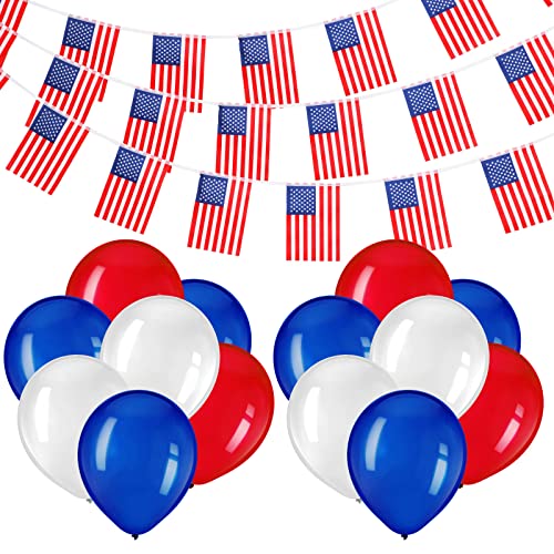 Hestya 8 Meter USA Amerikanische Flagge Wimpel Banner und 15 Stück 12 Zoll Rot Weiß Blau Latex Luftballons 25 Flaggen USA Wimpelkette Sterne Streifen für Patriotische Party Geburtstag Deko von Hestya