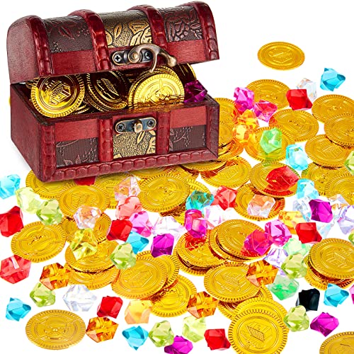 Hestya Pirate Schatzkiste Spielzeug mit 50 Kunststoff Goldmünzen und 50 Falsche Edelsteine, Edelsteine Münzen Schatzsuche Schatzkiste mit Schloss für Weihnachten Gastgeschenke Ostern von Hestya