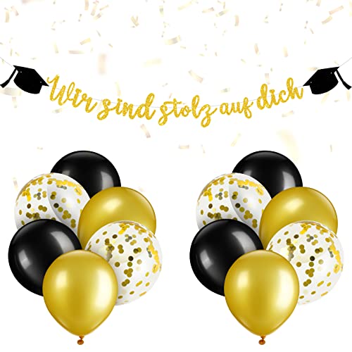 Hestya Wir Sind Stolz Auf Dich Banner Abschluss Girlande mit 12 Stück Graduation Luftballons 12 Zoll Schwarz Gold Latexballons Konfetti Ballon für Oberschule Universität Abschlussfeier Deko von Hestya