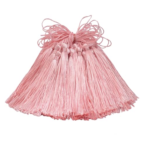 100 Stück Mini Seidig Quasten Anhänger Handgefertigtes Hängend Basteln Geschenk für DIY Lesezeichen, Schmuckherstellung, Tasch, Schlüsselanhänger Deko, Girlande und Party Zubehör (Hell Rosa) von Hetuyon