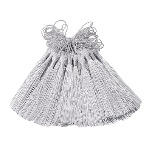 100 Stück Mini Seidig Quasten Anhänger Handgefertigtes Hängend Basteln Geschenk für DIY Lesezeichen, Schmuckherstellung, Tasch, Schlüsselanhänger Deko, Girlande und Party Zubehör (Silber Grau) von Hetuyon