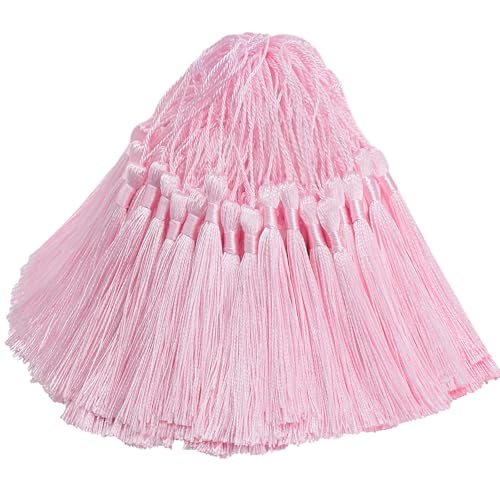 100 Stück Mini Seidig Quasten Anhänger Handgefertigtes Hängend Basteln Geschenk für DIY Lesezeichen, Schmuckherstellung, Tasch, Schlüsselanhänger Deko, Girlande und Party Zubehör (Wasser Rosa) von Hetuyon