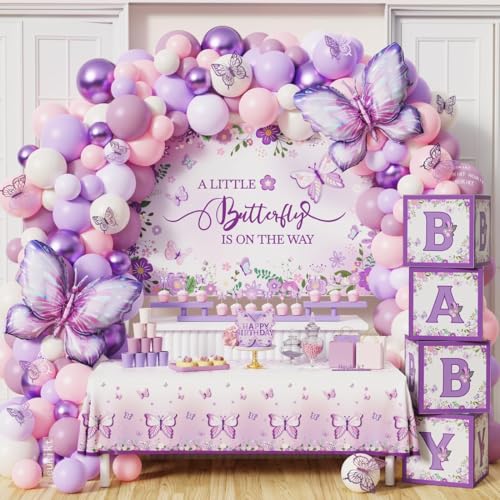 Schmetterlings-Dekorationen für Babypartys, rosa und violette Luftballons, Bogengirlande, Kit mit einem kleinen Schmetterling ist auf dem Weg, Hintergrund-Kuchenaufsätze, Aufkleber, Baby-Box für Schmetterlings-Dekorationen für Babypartys, rosa und violette Luftballons, Bogengirlande, Kit mit einem kleinen Schmetterling ist auf dem Weg, Hintergrund-Kuchenaufsätze, Aufkleber, Baby-Box für von Heukikt