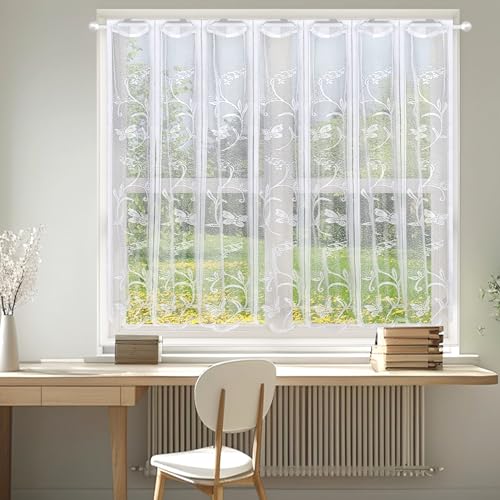 Scheibengardine Bistrogardine Halbtransparent Vorhänge Kurzstores Fensterschal mit Blumen Kurzgardine für Fenster Küche Wohnzimmer BxL 100 * 90cm von Heveer