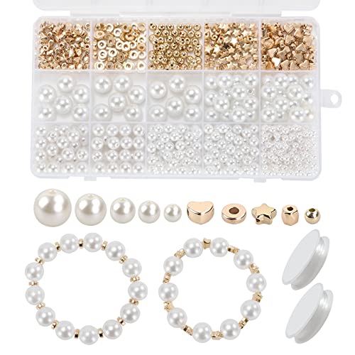 Perlen zum Auffädeln 4/6/8/10/12MM Weiße Kunstperlen 770 Stück Perlen für Armbänder mit 2 Rollen Elastischen für Schmuckherstellung Basteln DIY von Heveer