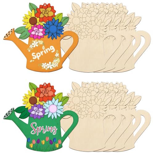 Große Größe (17,8 x 16 cm) Holzfrühlings-Ornamente zum Bemalen, Blumen-Holz, blanko, unlackiertes Holz, Blumendose, Wasserkocher, Scheiben, Ornament zum Basteln, hängende Dekorationen (10 Stück) von Hewyom
