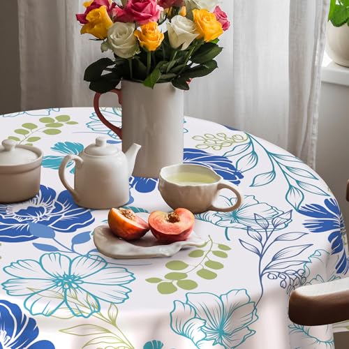 Hexagram Sommerblaue Tischdecke mit Blumenmuster, 178 cm, rund von Hexagram