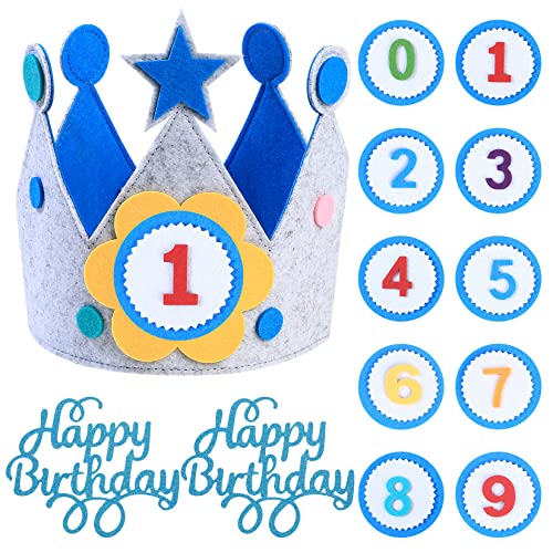 HexinYigjly Geburtstagskrone, Geburtstag Kinderkrone Mädchen Auswechselbaren Zahlen von 0-9, 3D Sticker Geburtstag Stoffkrone Geschenke für Mädchen Jungs Kinder Geburtstagsdeko(Blau grau) von HexinYigjly