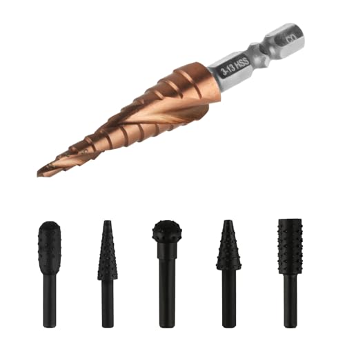 Kobalt-Stufenbohrer für Metall und 5 Drehfräser, 3–13 mm, Mehrloch-Metall-Stufenbohrer für Edelstahl, Holz, Kunststoff und Spiralbohrer, Holzschnitzwerkzeug zum Polieren und Gravieren, 1 Stück Kobalt-Stufenbohrer für Metall und 5 Drehfräser, 3–13 mm, Mehrloch-Metall-Stufenbohrer für Edelstahl, Holz, Kunststoff und Spiralbohrer, Holzschnitzwerkzeug zum Polieren und Gravieren, 1 Stück von HexinYigjly