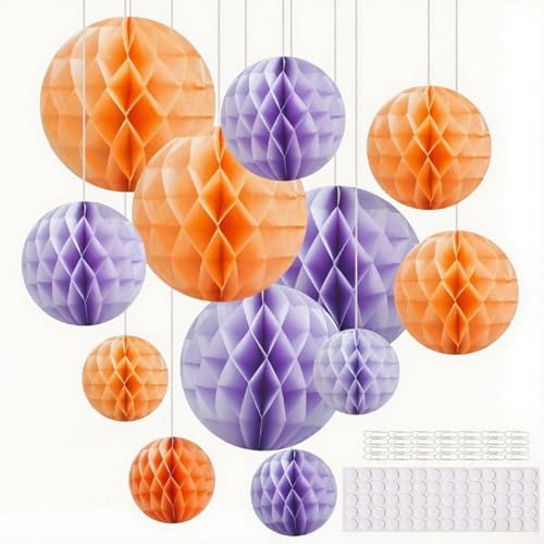 Hexizexi 12 Stück Papier Wabenball 15cm 20cm 25cm Wabenkugel Orange Honeycomb Balls Violett Hängende Wabenbäll für Geburtstag Hochzeit Graduierung Party von Hexizexi