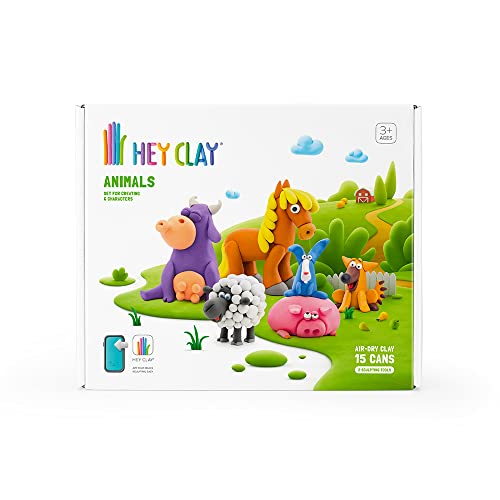 Hey Clay Animals Modellierpaste Set Tiere Modelliermasse Ton für Kinder im 6er Pack mit 15 Farben Großes Set mit 6 Tieren mit 2 Werkzeugen, mit interaktiver App, ungiftig von Hey Clay
