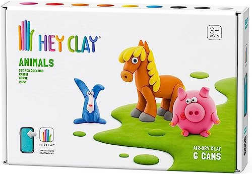 Hey Clay Animals: Piggy, Horse, Rabbit - bunte Modellier-Kinder – lufttrockenes Ton-Set 15 Dosen und Modellierwerkzeuge mit lustiger interaktiver Anleitung von Hey Clay