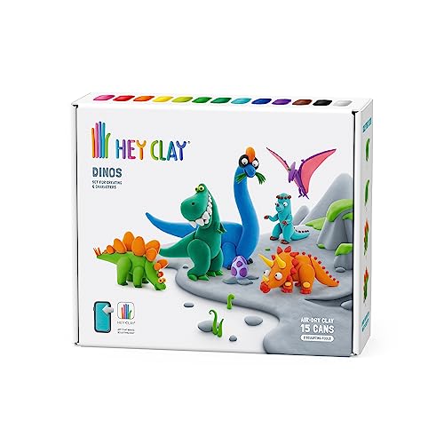 Hey Clay Dinos-Set – bunte Modellier-Kinder – lufttrockenes Ton-Set 15 Dosen und Modellierwerkzeuge mit lustiger interaktiver Anleitung von Hey Clay
