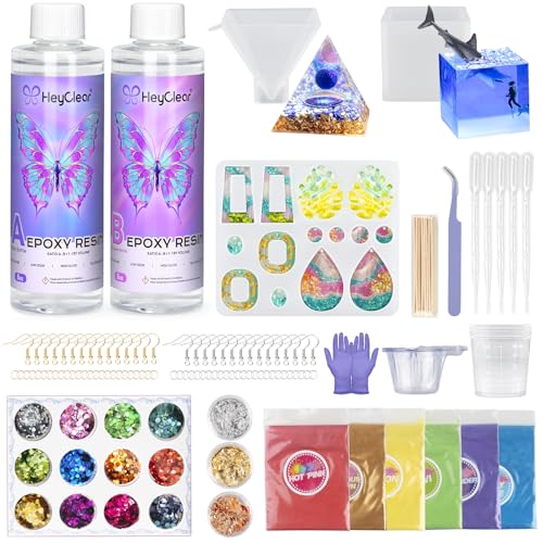 HeyClear Epoxidharz Set mit Formen, 474ml/16oz, Epoxy Resin Transparente für Gießen und Beschichten, Coup de Plongée, Tischplatte, Schmuckherstellung, DIY Handwerkskunst für Anfänger von HeyClear