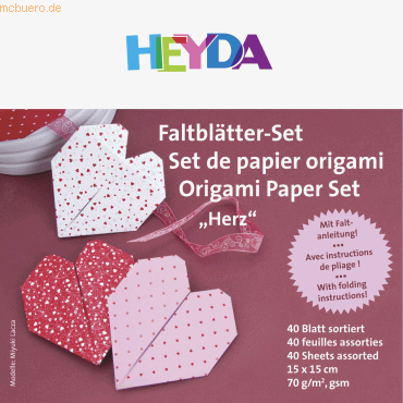 5 x Heyda Faltblatt Papier 15x15cm Herz 4 Motive / Farben sortiert VE= von Heyda