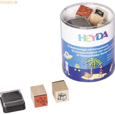 6 x Heyda Stempelset Holz Pirat & Raumfahrer Motive für Kinder 1,5x1,5 von Heyda