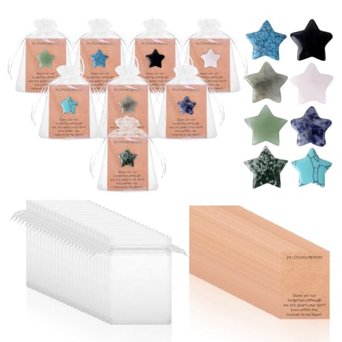 Heygueo 50-teiliges Trauer-Set, Dankeskarten, Dekoration für Lebensfeiern, Gedenkkarten, herzförmige Steine, Organzabeutel für Gäste, Rückgabe von Gastgeschenken (Sternform) von Heygueo