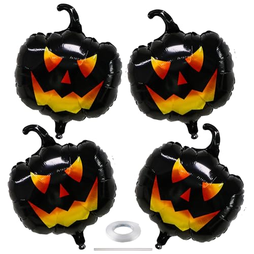 4 schwarze Kürbis-Luftballons, 61 cm, gruseliger Kürbis-Halloween-Ballon, gruseliger Jack O Laterne, Mylar-Ballon für Halloween, Thanksgiving, Party-Dekorationen von Heyiminy