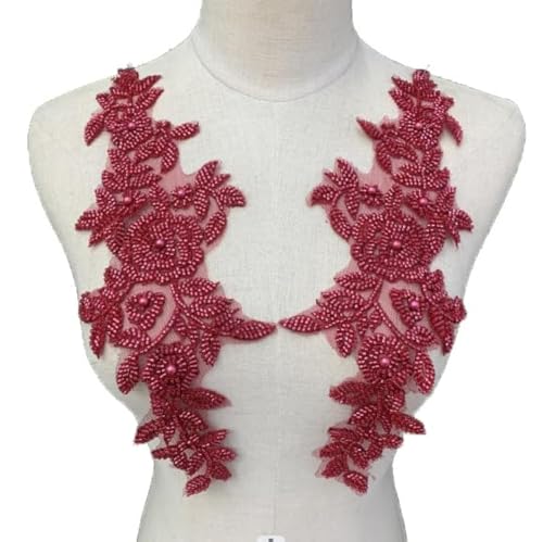Heyiwell 1 Paar 3D Weinrot Handgemachte Perlenstickerei Spitze Blume Applikation, Stickerei Floral Perlen Spitze Applikationen Patches zum Nähen, Brautkleid Kleidung Dekor 32 x 10 mm von Heyiwell