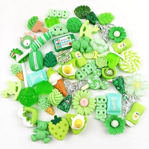 Heyiwell 50 Stück gemischte Harz-Schleim-Charms, Kawaii-Grün, flache Rückseite, Perlen für Bastelarbeiten, Haarspangen, Haarschleifen, Handyhüllen, Ornamente, Scrapbooking von Heyiwell