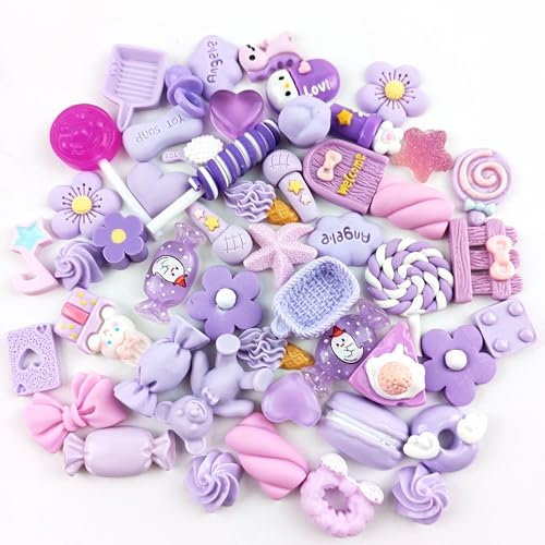 Heyiwell 50 Stück gemischte Harz-Schleim-Charms, Kawaii-Perlen, lila flache Rückseite, für Bastelarbeiten, Haarspangen, Haarschleifen, Handyhüllen, Ornamente, Scrapbooking von Heyiwell