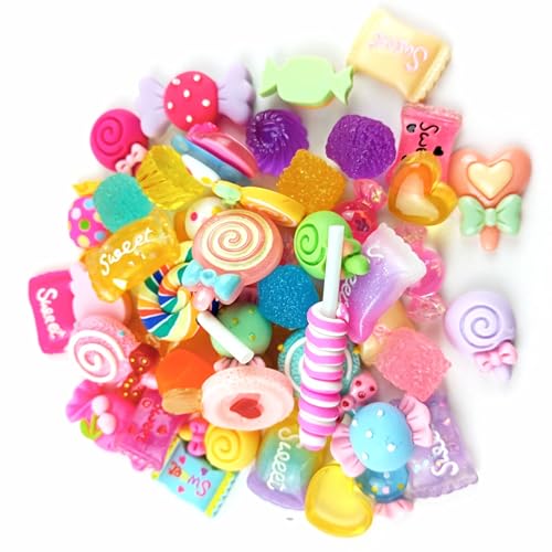 Heyiwell 50 Stück gemischte Harz-Schleim-Charms, Kawaii-Süßigkeiten-Perlen mit flacher Rückseite, für Bastelarbeiten, Haarspangen, Haarschleifen, Handyhüllen, Ornamente, Scrapbooking von Heyiwell