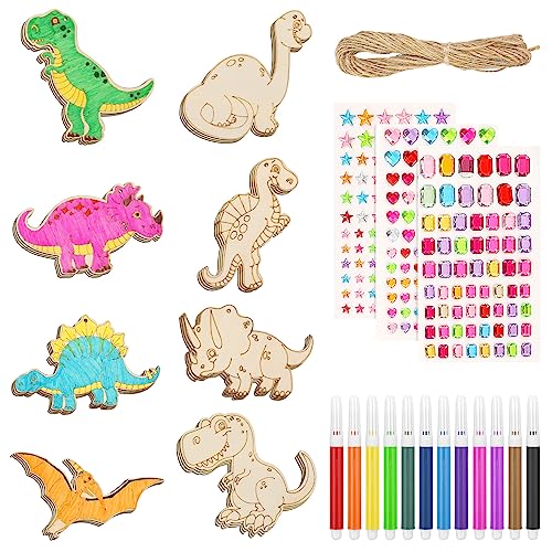 Heyu-Lotus 40 Stück Dinosaurier Holz Bastel Kindergeburtstag Dino Bemalen Basteln mit Aquarellstift, Farbiger Selbstklebende Glitzersteine,Hanfseil für DIY Handwerk Jungen Mädchen Geburtstagsdeko von Heyu-Lotus