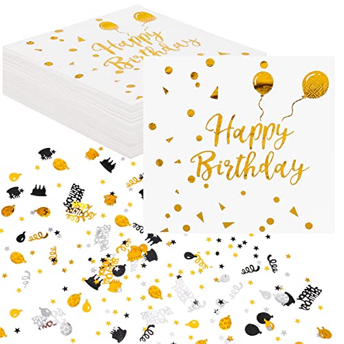 Heyu-Lotus 40 Stück Geburtstag Servietten Happy Birthday Servietten Gold Papierservietten 33x33cm mit 20g Geburtstag Konfetti Schwarz Gold für Geburtstag Party Deko von Heyu-Lotus