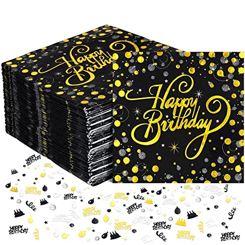 Heyu-Lotus 60 Stück Geburtstag Servietten Happy Birthday Servietten Schwarz Gold Papierservietten 33x33cm mit 15g Geburtstag Konfetti für Geburtstag Party Deko von Heyu-Lotus