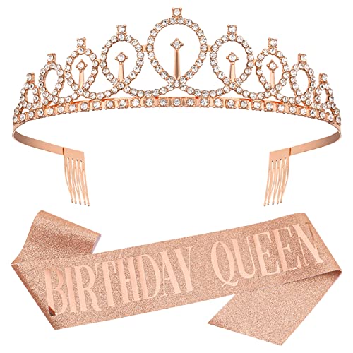 Heyu-Lotus Geburtstag Königin Krone Stirnband Geburtstag Mädchen Schärpe und Tiara, Kristall Strass Krone für Happy Birthday Geschenk Party Zubehör, Gastgeschenke, Dekorationen (Roségold) von Heyu-Lotus