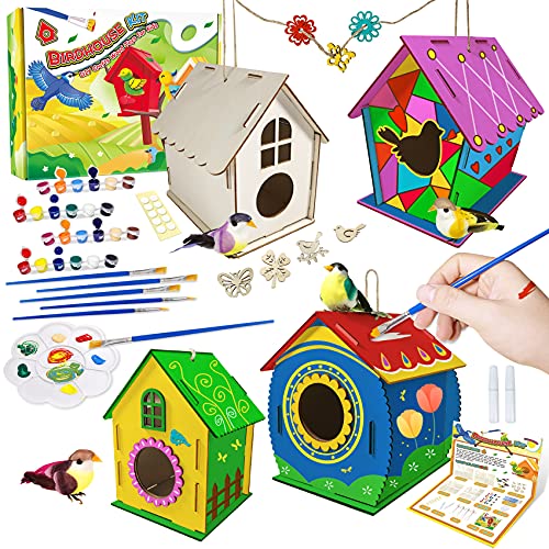 Heyzeibo DIY Vogelhaus Bausatz für Kinder, Spielzeug Geschenke für Jungen Mädchen, 4 Stück Super große Basteln Holz Vogelkasten zu Bauen und Malen von Heyzeibo