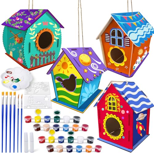 Heyzeibo DIY Vogelhaus Bausatz für Kinder, 4 Stück Holz Bastelset für Kinder zu Bauen und Malen, Vogelkasten Basteln Ostergeschenke für Mädchen Jungen Kleinkinder von Heyzeibo
