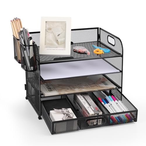 Schreibtisch-Organizer, Briefablage, A4-Dokumentenablage, für Zuhause, Büro, Schule, Metallgeflecht, 4 Ablagefächer, Schublade, Stiftehalter von Hggzeg